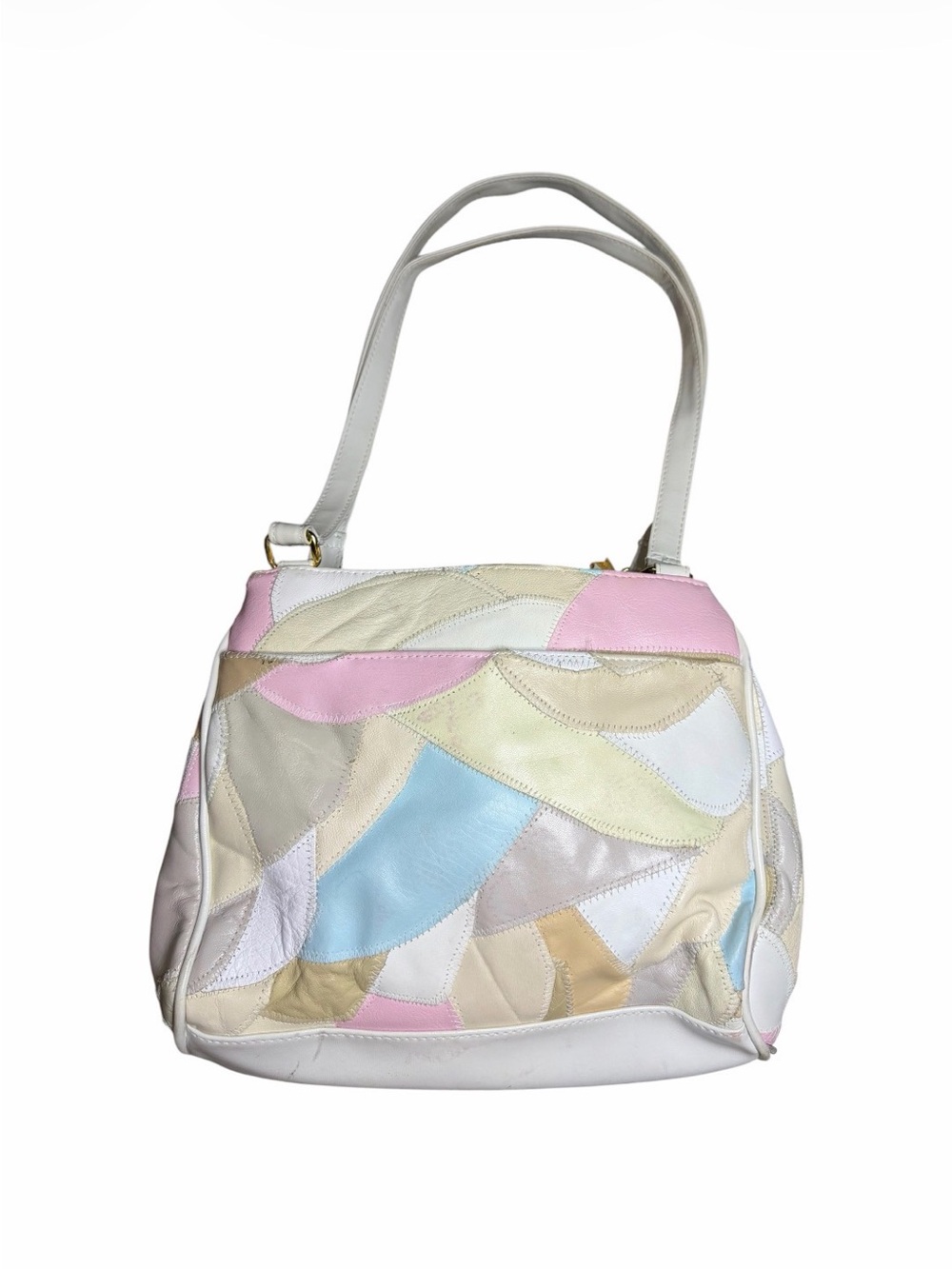 Vintage Leather Geometric Pastel Patchwork Design Shoulder Bag